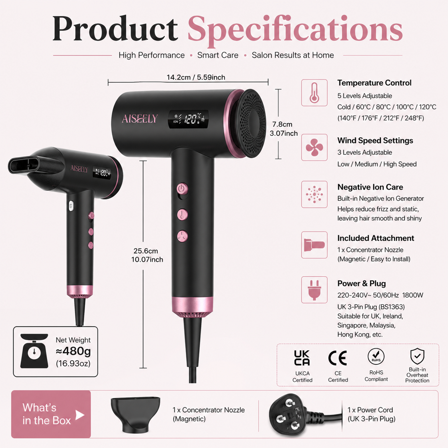 Aiseely high-speed hair dryer with concentrator nozzle